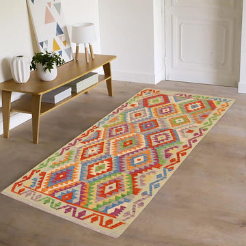 Flat Weave Kilim, Antique, Navaho, Vintage, Handmade, Geometric Kilim Rust Blue Hand-Woven Rectangle 100% Wool Area Rug 3 x 6
